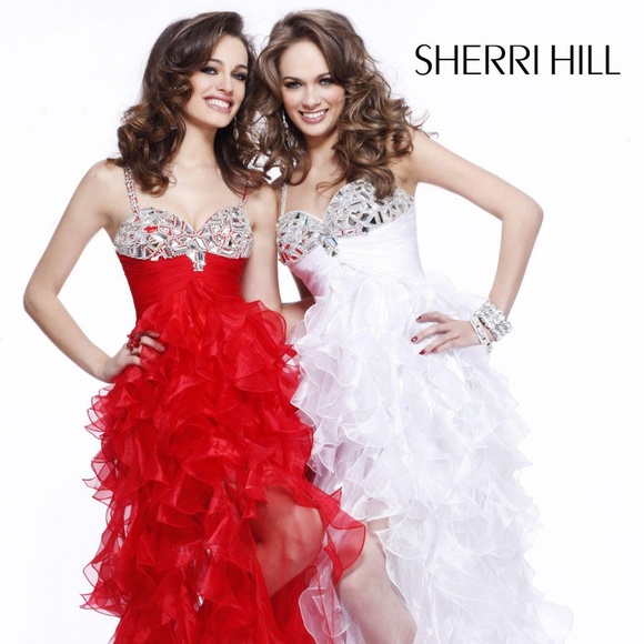 Sherri Hill 2838 red organza prom dress with frill